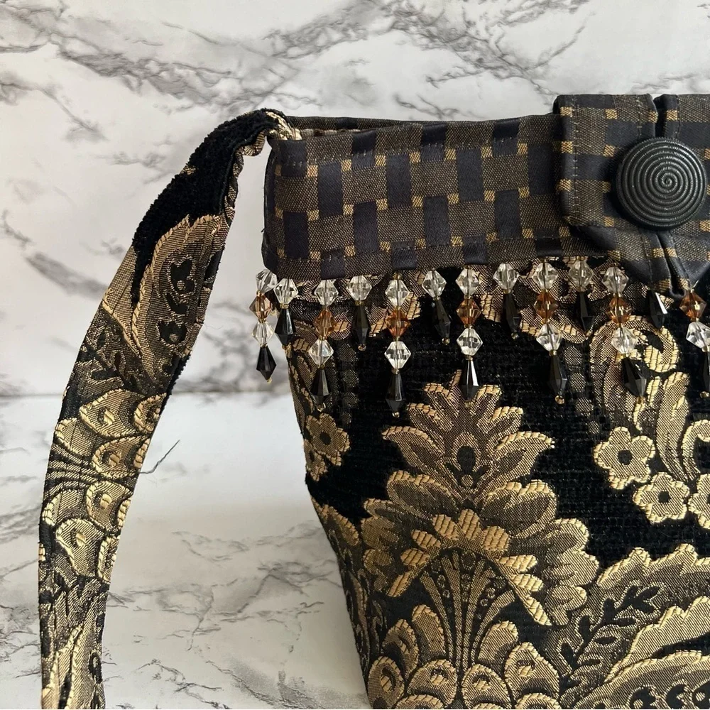 Bag Crossbody Shoulder Artisan Brocade Black Gold Metallic Beaded Tapestry